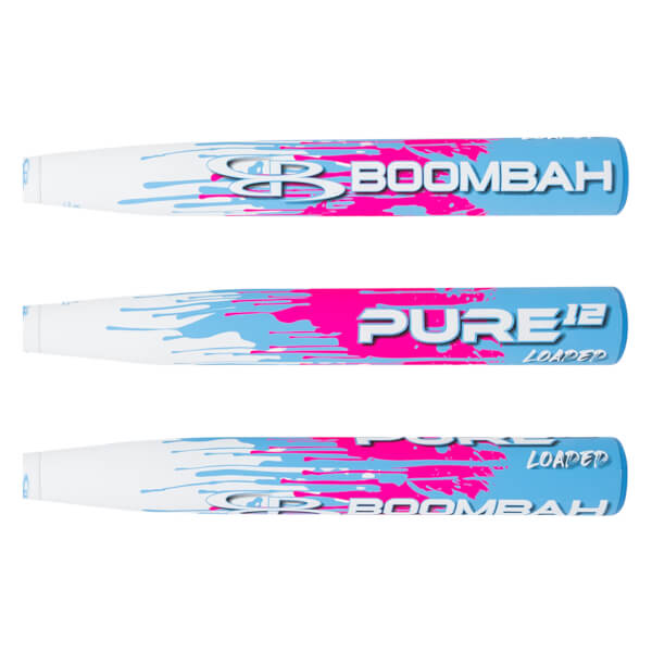 Side view of a white baseball bat with blue and pink paint splatters, featuring "BOOMBAH" and "PURE12 LOADED" text.