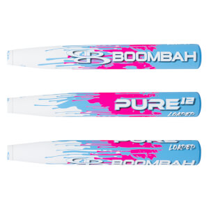 Side view of a white baseball bat with blue and pink paint splatters, featuring "BOOMBAH" and "PURE12 LOADED" text.