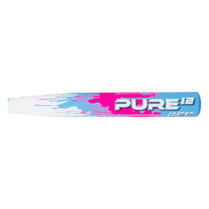Side view of a white baseball bat with pink and blue paint splatters and "PURE 12 LOADED" text.