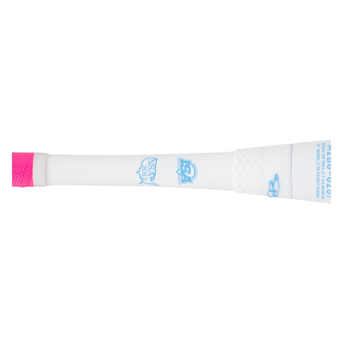 Side view of a white softball bat with a pink grip, "NSF 2012", and "ISA" logos.