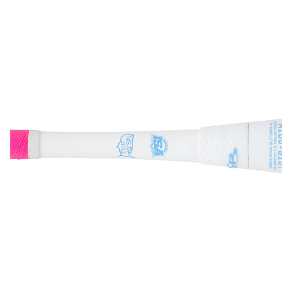 Side view of a white softball bat with a pink grip, "NSF 2012", and "ISA" logos.