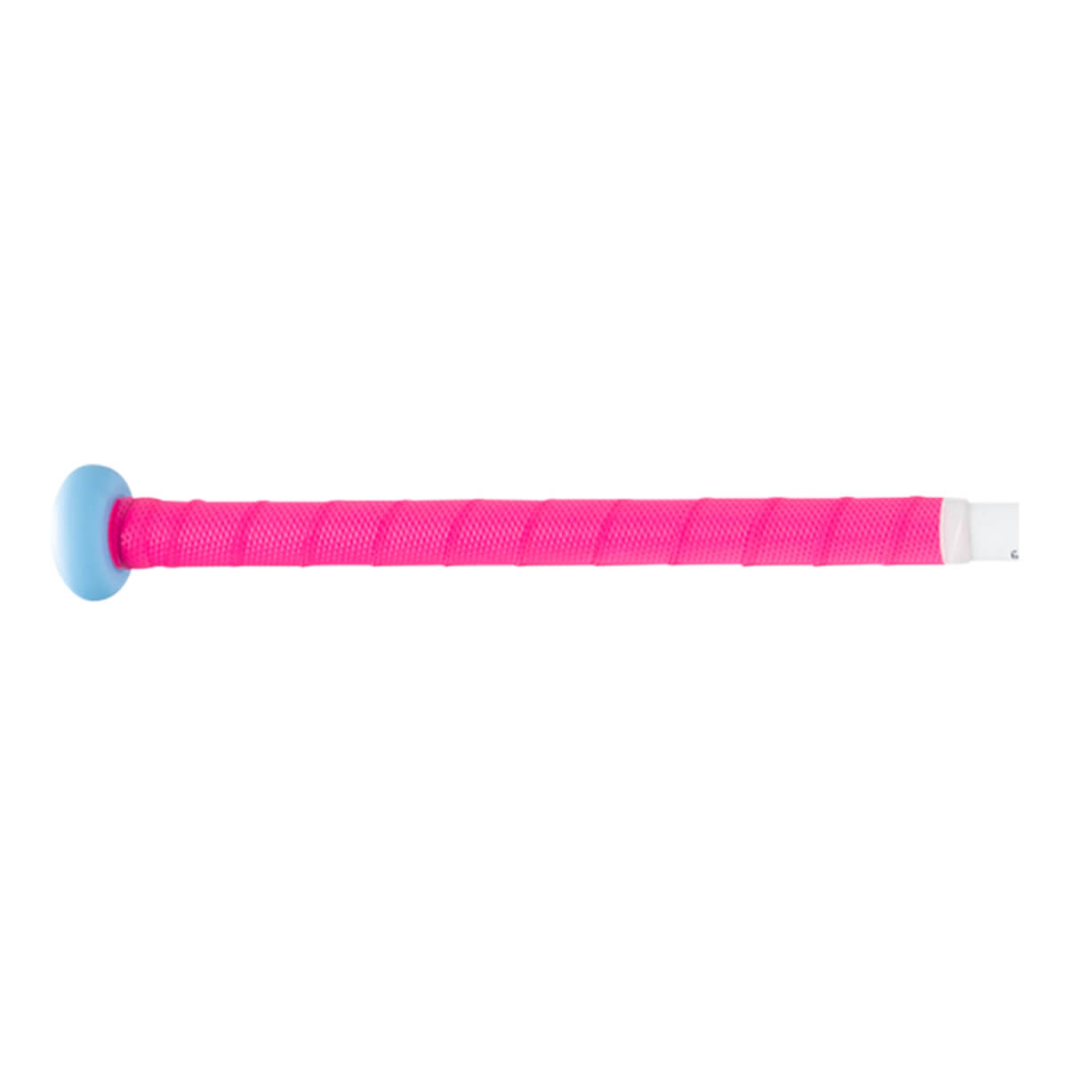 Side view of a baseball bat with a blue knob and a bright pink grip.