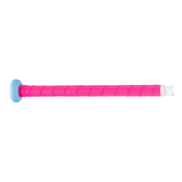 Side view of a baseball bat with a blue knob and a bright pink grip.