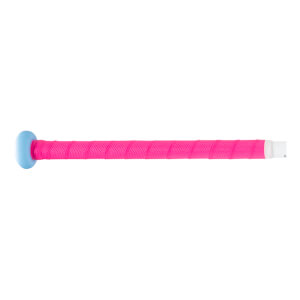Side view of a baseball bat with a blue knob and a bright pink grip.