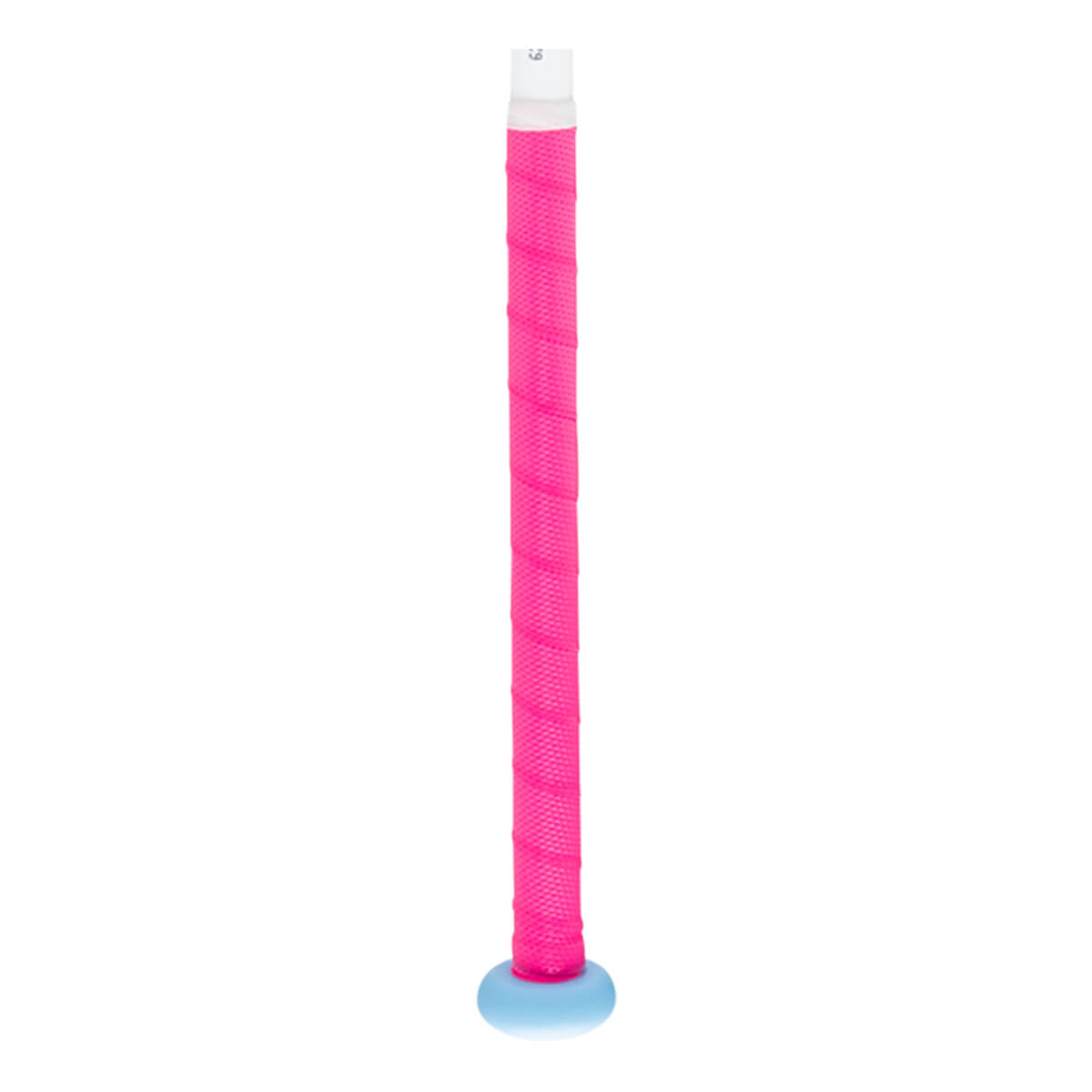 Close-up of the bottom of a bat showing a bright pink grip and a light blue knob.