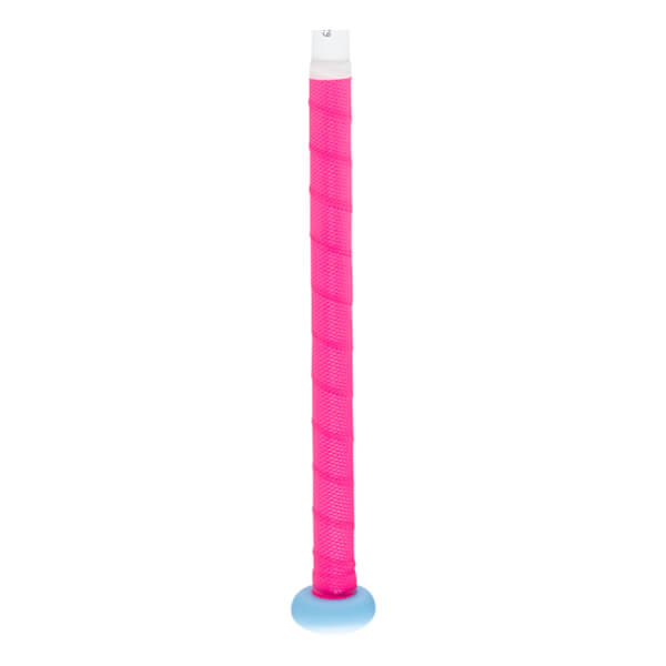 Close-up of the bottom of a bat showing a bright pink grip and a light blue knob.