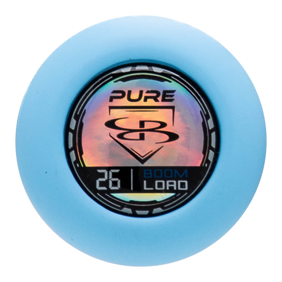 End cap view of a light blue baseball bat featuring the "PURE" logo, a "26" size indicator, and "BOOM LOAD" text.