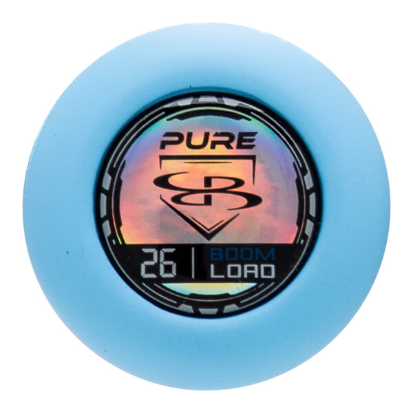 End cap view of a light blue baseball bat featuring the "PURE" logo, a "26" size indicator, and "BOOM LOAD" text.
