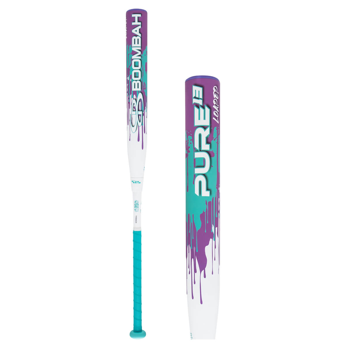 Side view of a white softball bat with purple and teal dripping paint, showing "PURE" and "LOADED" text.