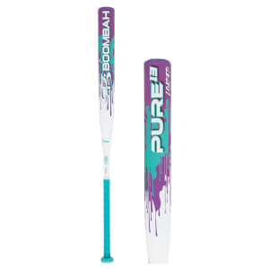 Side view of a white softball bat with purple and teal dripping paint, showing "PURE" and "LOADED" text.