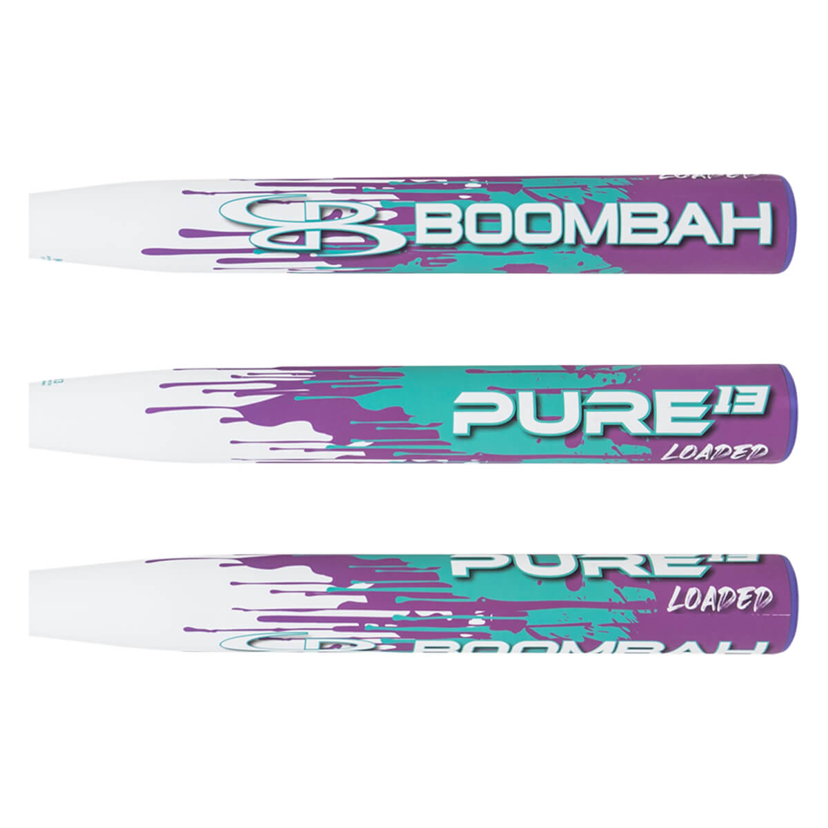 Side view of a white baseball bat with purple and teal paint splatter graphics and "BOOMBAH" and "PURE13 LOADED" text.