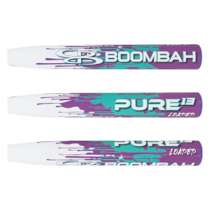 Side view of a white baseball bat with purple and teal paint splatter graphics and "BOOMBAH" and "PURE13 LOADED" text.