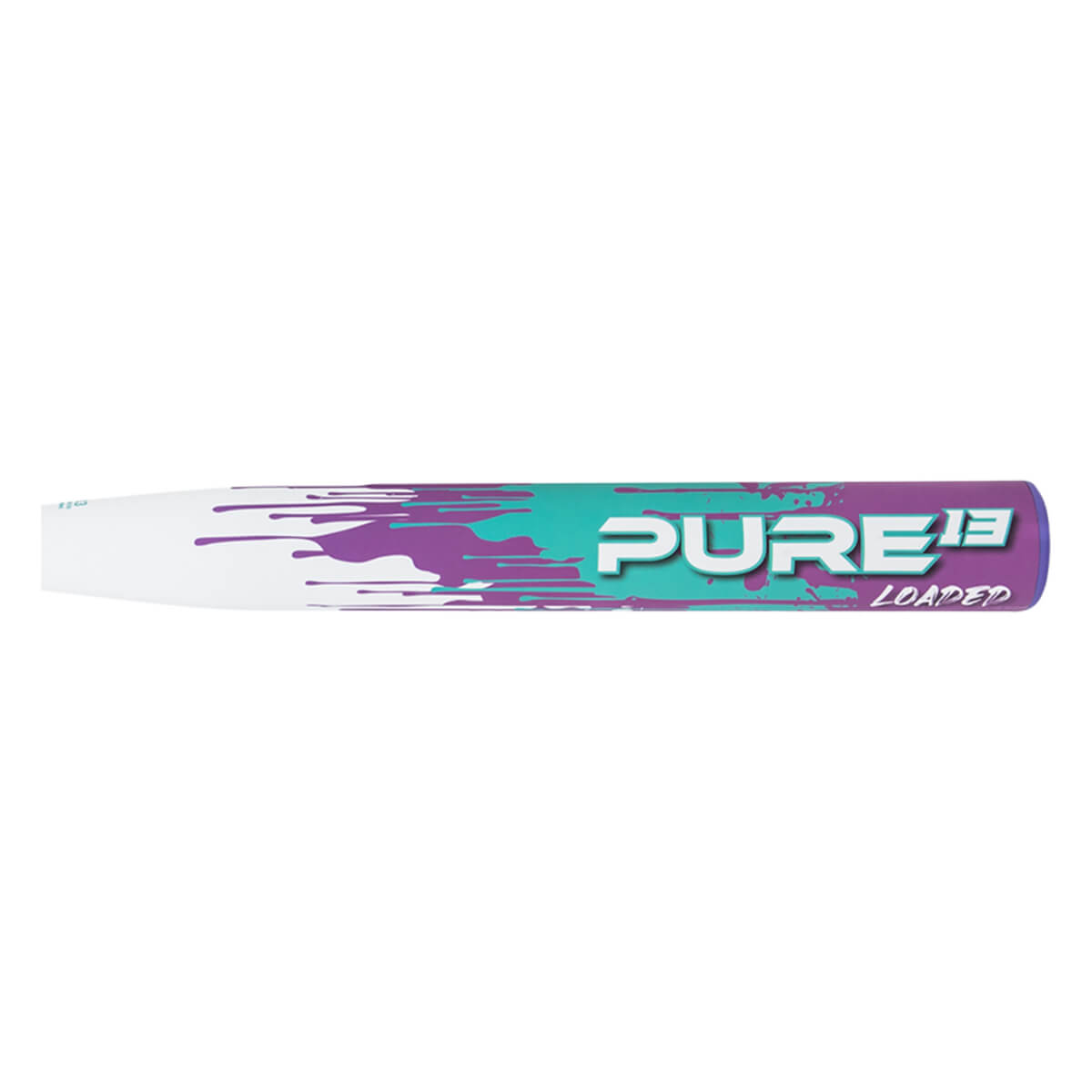 Side view of a white baseball bat with purple and teal splatter graphics, featuring "PURE 13" and "LOADED" text.