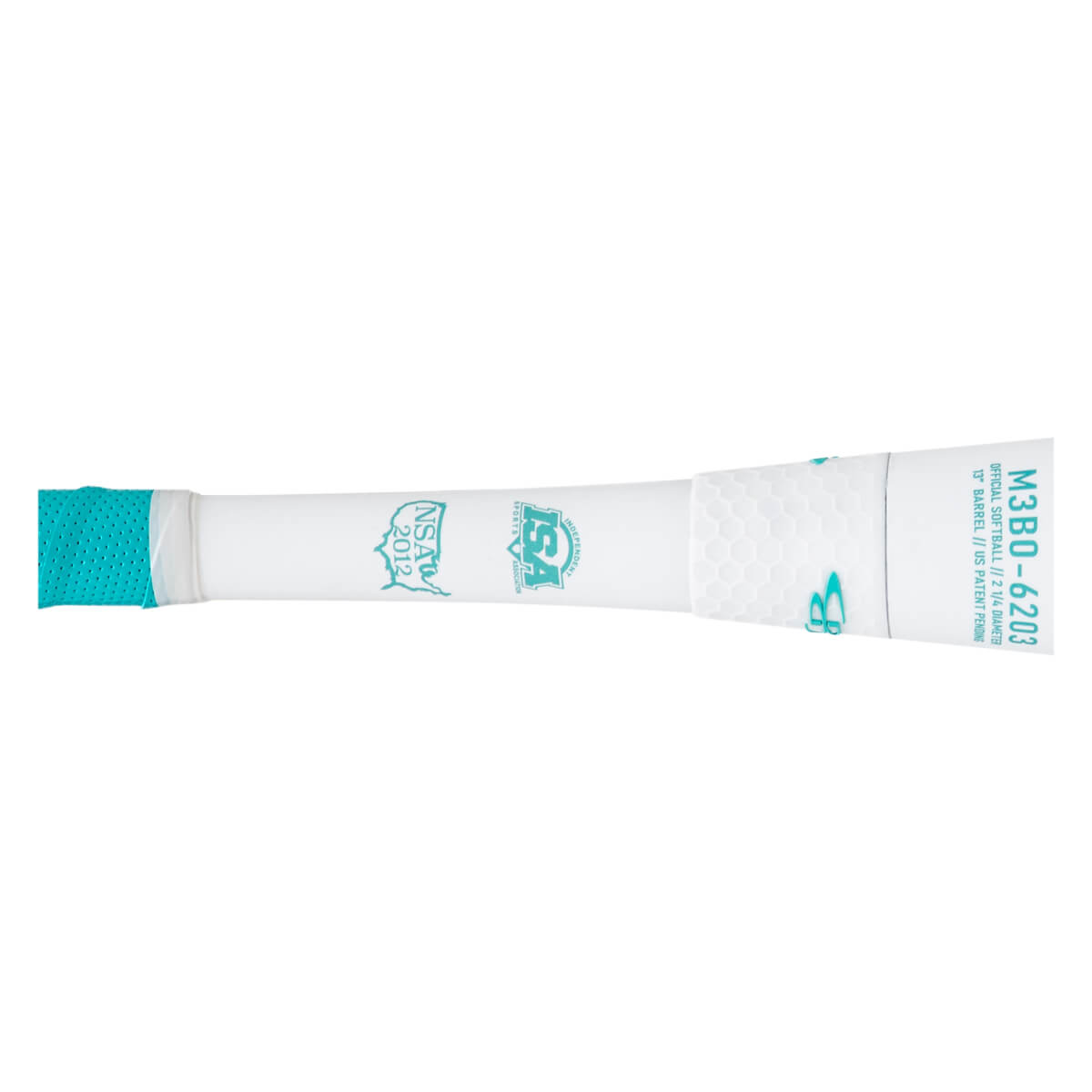 Side view of a white softball bat with a teal grip, ISA and NSA 2012 logos, and "M3BO-6203" text.