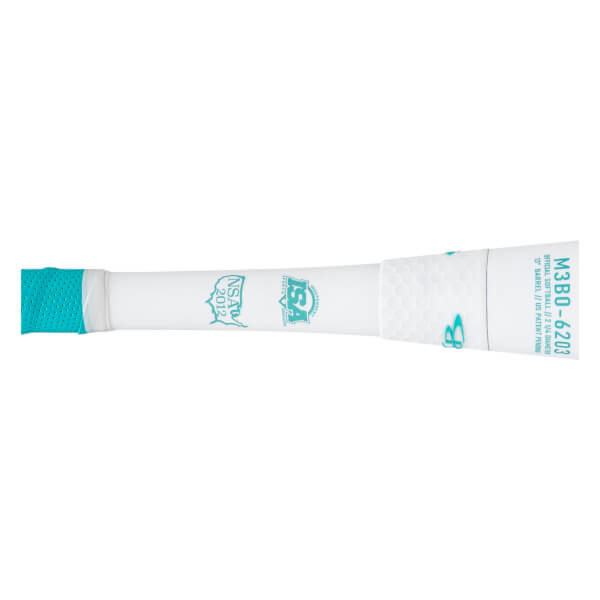 Side view of a white softball bat with a teal grip, ISA and NSA 2012 logos, and "M3BO-6203" text.