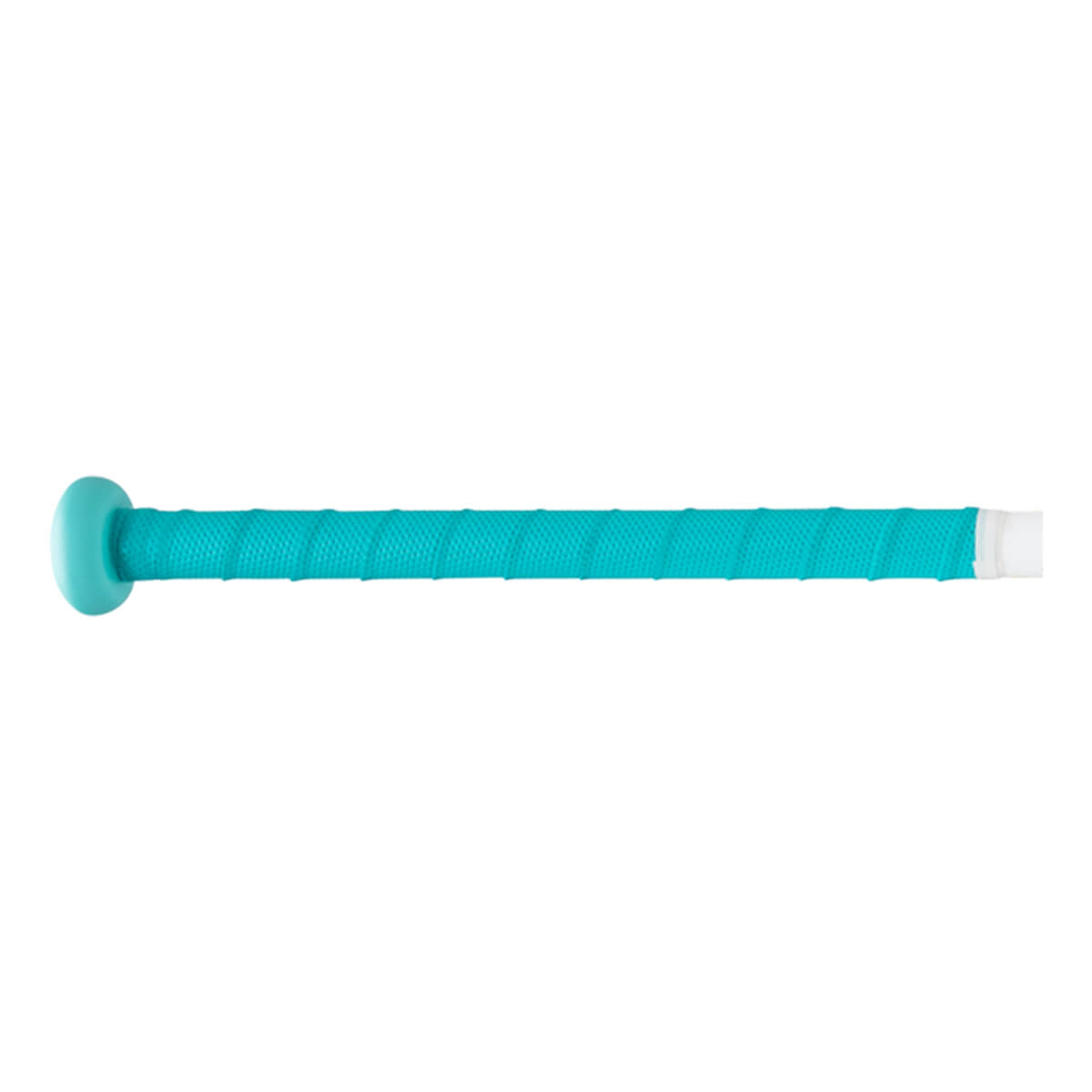 Side view of a teal bat grip with a textured pattern and a white end cap.