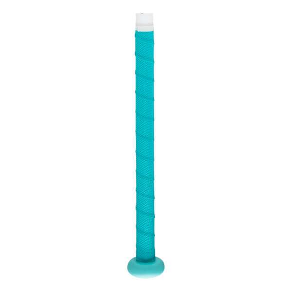 Side view of a teal bat grip with a white end cap and a teal knob.
