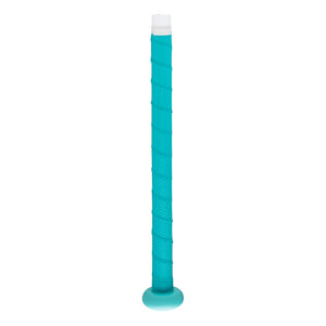 Side view of a teal bat grip with a white end cap and a teal knob.