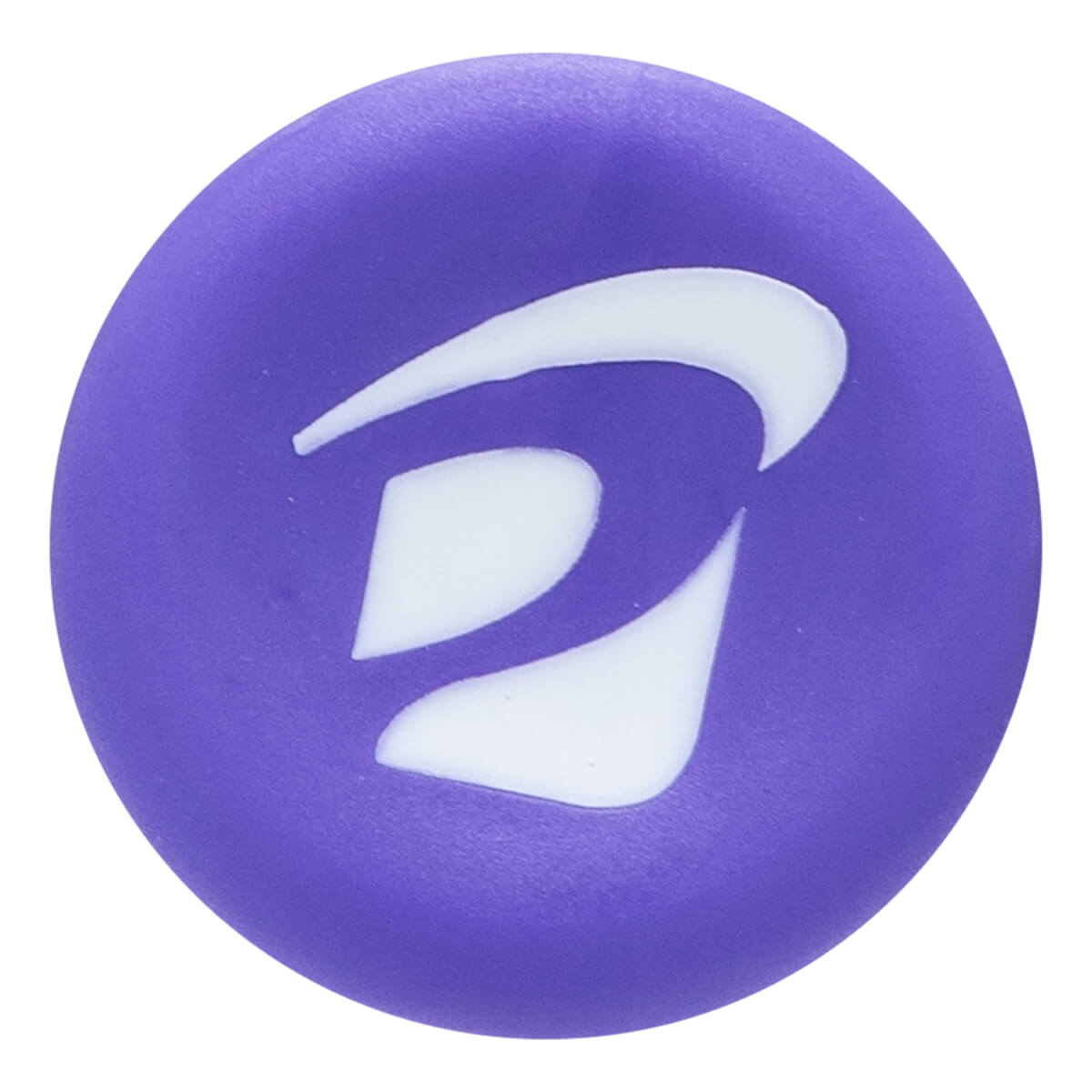 Close-up of a purple disc with a white abstract logo.