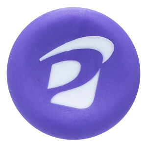 Close-up of a purple disc with a white abstract logo.