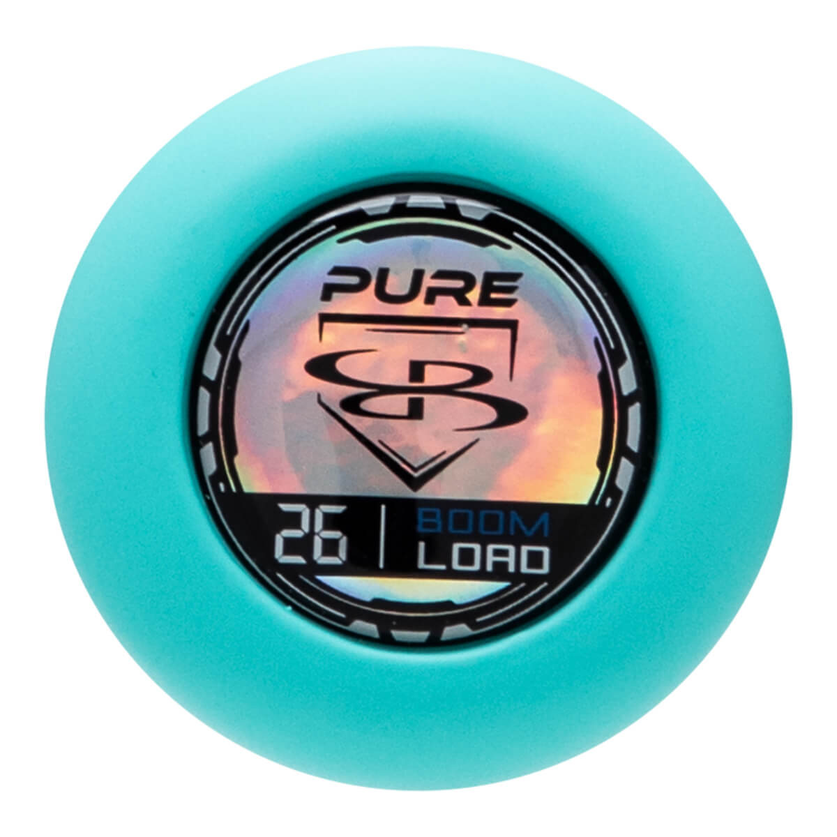 End cap view of a teal baseball bat with "PURE" and "BOOM LOAD 26" visible.