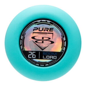 End cap view of a teal baseball bat with "PURE" and "BOOM LOAD 26" visible.