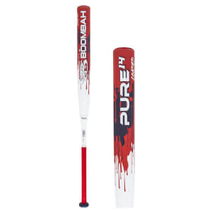 Side view of a white baseball bat with red "BOOMBAH LOADED" text and dripping red paint.