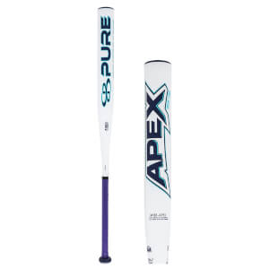 Front view of a white softball bat with purple grip, showing "PURE" and "APEX" logos.
