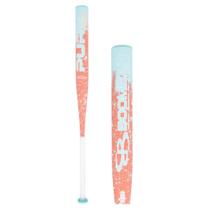 Side view of a coral and light blue baseball bat with "PURPLE ONE" and "BOOMBAH" text.