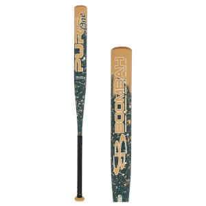 Side view of a dark green bat with gold "PURE One" text and splatter design.