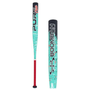 Side view of a teal baseball bat with "PURE One" and "BOOMBAH" text, featuring a red grip and splatter paint design.