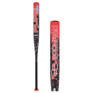 Front view of a black baseball bat with red and blue paint splatters, featuring "PURE ONE" and "BOOMBAH" text.
