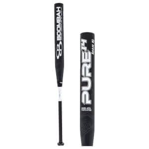 Front view of a black baseball bat with white "BOOMBAH" text and a topographic pattern.