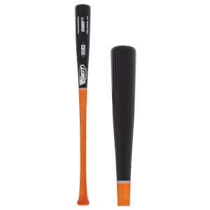 Full side view of a black and orange baseball bat with Brett logo, GOBON #13 text, and a close-up showing a silver stripe.