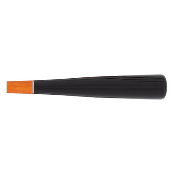 Side view of a black baseball bat with an orange handle, glossy finish, and silver band.