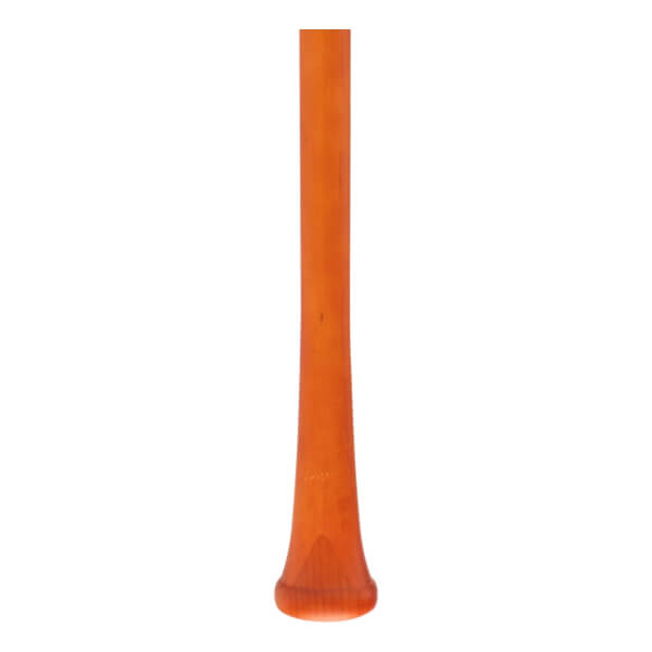 Bottom section of an orange wood baseball bat with a tapered handle and rounded knob.