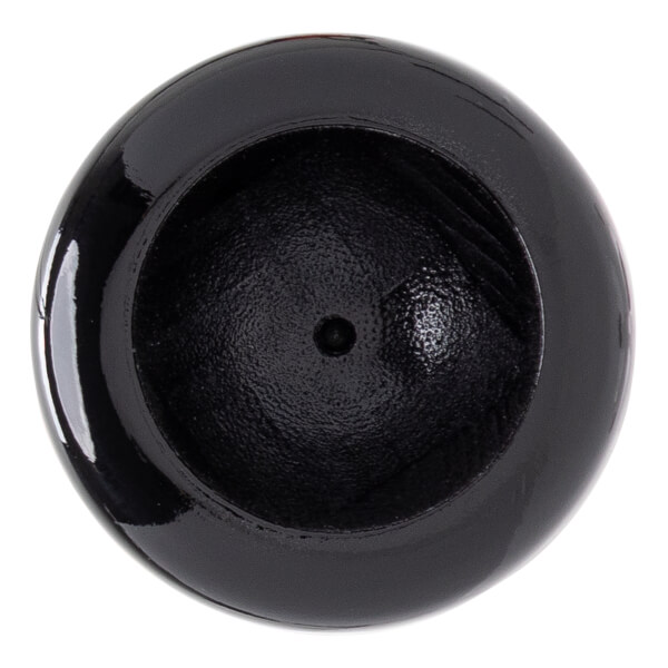 Top-down view of a black baseball bats cupped end with a glossy rim and textured interior.