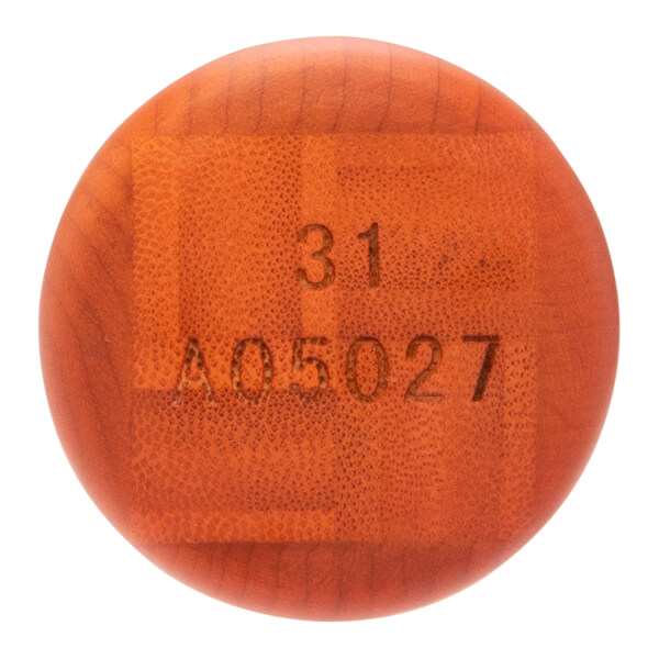 Top-down close-up of an orange-brown wooden baseball bat knob with engraved numbers 31 and A05027 and a textured center.