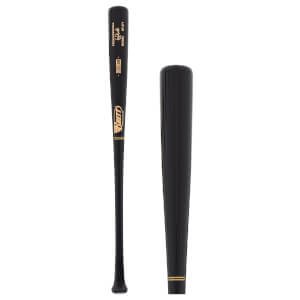 Side view of a black baseball bat and its barrel detail, with gold Brett logo, text, and stripe.