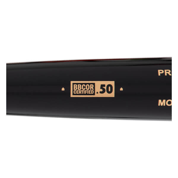 Close-up of a black baseball bat with a gold BBCOR CERTIFIED .50 logo and partial gold text.