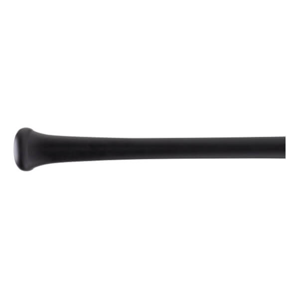 Side view of a black baseball bat with a flared knob, tapered handle, and smooth barrel.