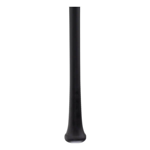 Bottom section view of a black baseball bat with a flared knob and straight handle.