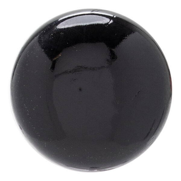 Close-up of a glossy black baseball bat knob with a rounded, reflective surface.