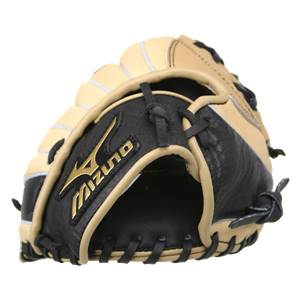 Front view of a tan and black baseball glove with gold Mizuno branding and white stitching.