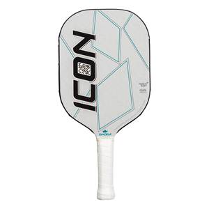 Front view of a white pickleball paddle with ICON text, geometric lines, and a white grip.