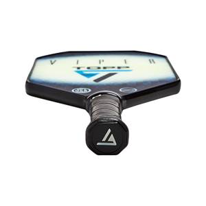 Bottom-down view of a black pickleball paddle with white and blue graphics, TOPP text, and a triangular logo on the grip.