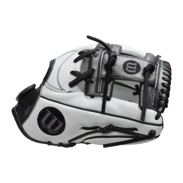 Side view of a white and black fastpitch glove with black laces and Wilson logos.