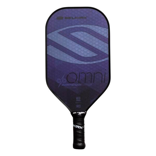 Front view of a purple pickleball paddle with a large S-curve graphic, OMNI text, and KIRK on the grip.