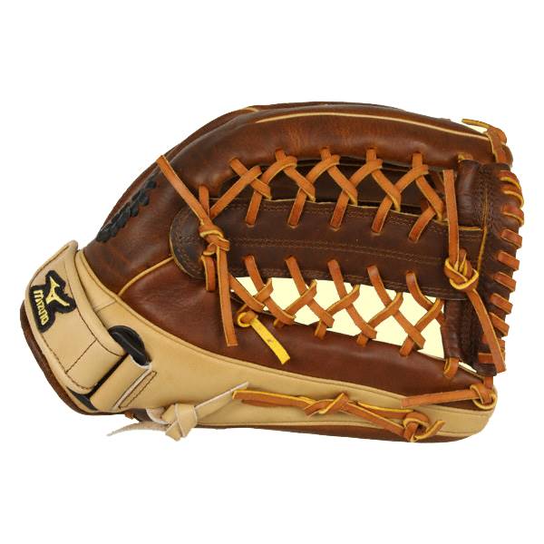 Side view of a brown and tan fastpitch glove with tan lacing and a Mizuno logo.