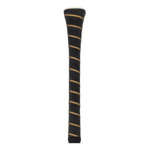 Close-up of a black baseball bat grip with gold spiral tape, perforated texture, and WARSTIC text.
